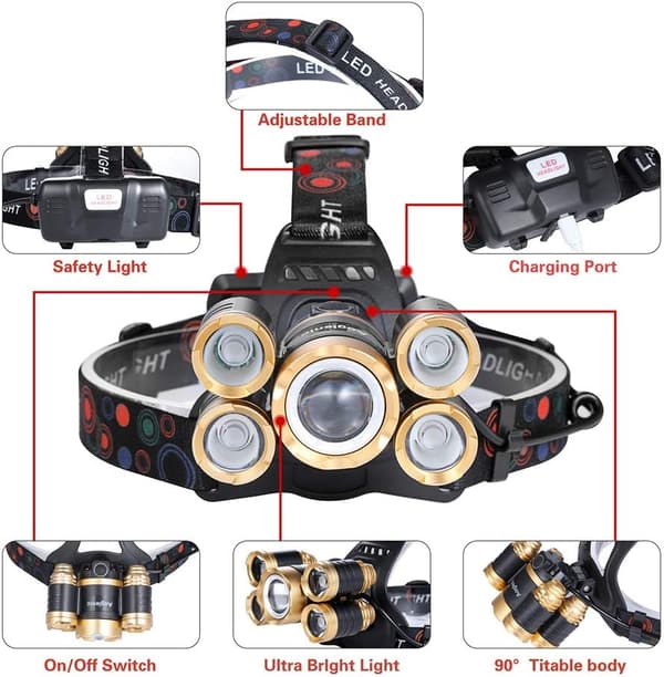 Oppladbar hodelykt Ultra Bright 5 LED-hodelykt F