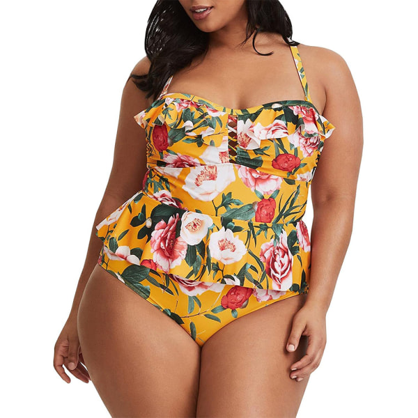 Hög midja Plus Size baddräkter Bikini Floral Peplum Tan