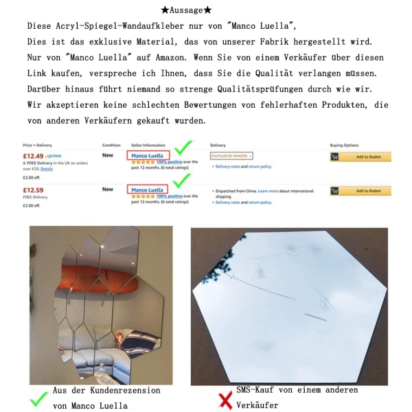 12-pack självhäftande hexagonala akrylspeglar för väggdekoration