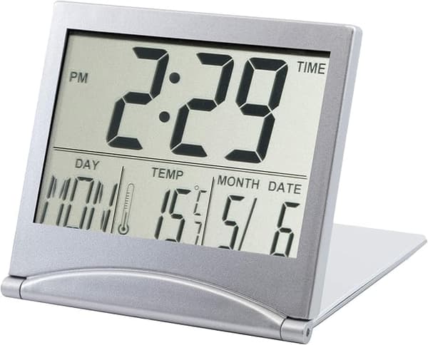 Sølv digital vekkerklokke med temperatur og LCD-skjerm