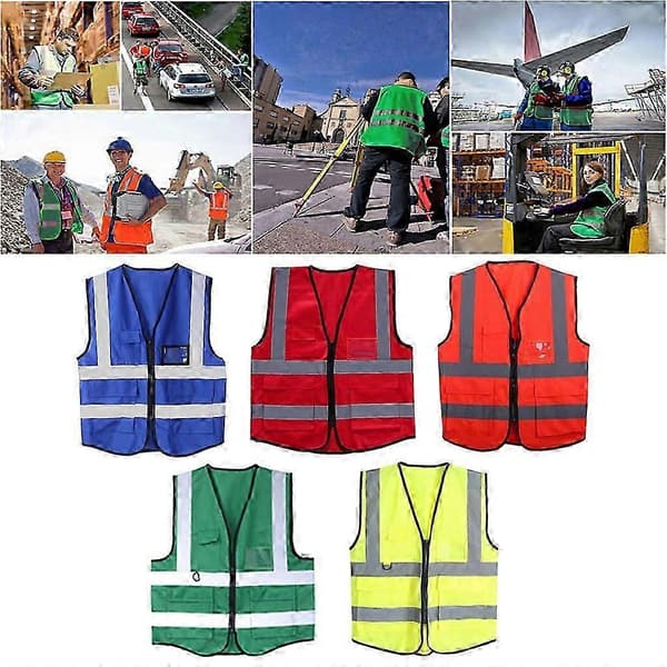 Varselväst med dragkedja, reflexjacka, säkerhetsväst med 5 fickor