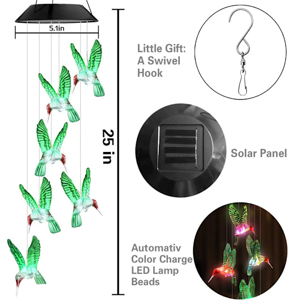 LED Solcelled Kolibri Vindklokker, Fargeskiftende Vanntette Seks Kolibri Vindklokker for Hjemfest Natt Hagedekorasjon - Kolibri