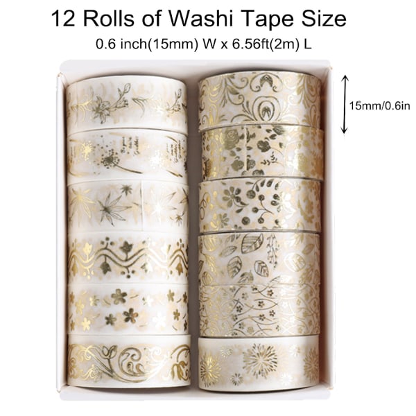 Blomstergull Washi Tape Sett 12 Ruller   Maskeringsteip Dekorativ