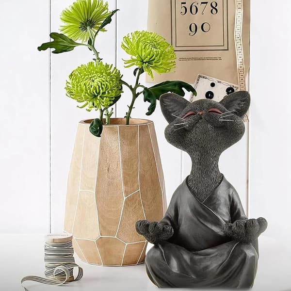 Svart Buddha Katt Samlarobjekt Yoga Meditation Figur, Glad Katt