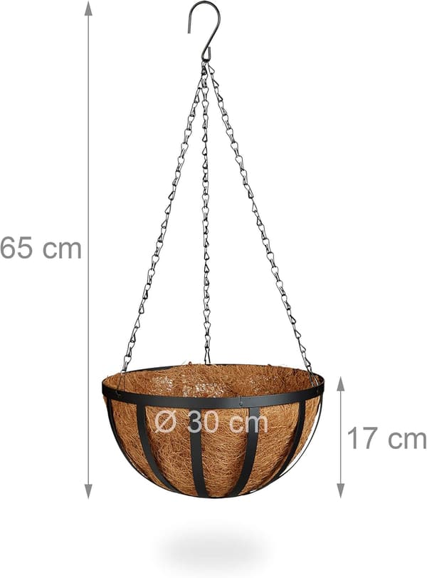 Trädgårdsaccent, Hängande korg med kokosfiberfoder för verandadekoration, minimalistisk design metallplanter, 3 st