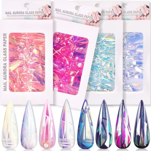 4 Boxes Holographic Glass Nail Paper Sticker Gradient Aurora Transfer Foils Shinning Mirror Wraps Holographic Nail Art Decoration Glitter