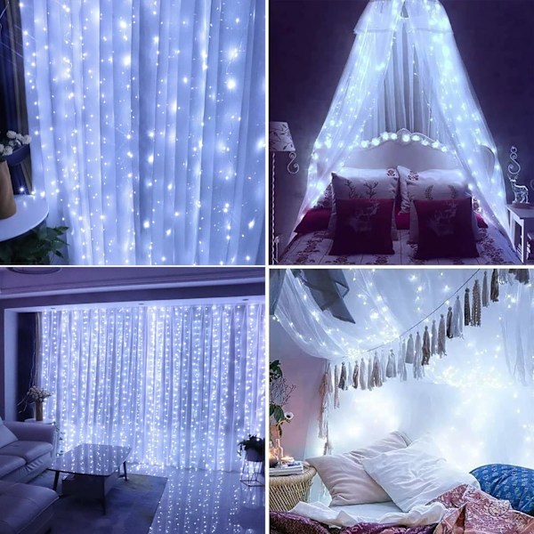 LED Gardinljusslinga, Kontroller & Timerfunktion, Väderbeständig och Bred Användning för Hem, Kontor och Utomhusdekor (Kallvitt, 3m x 3m)