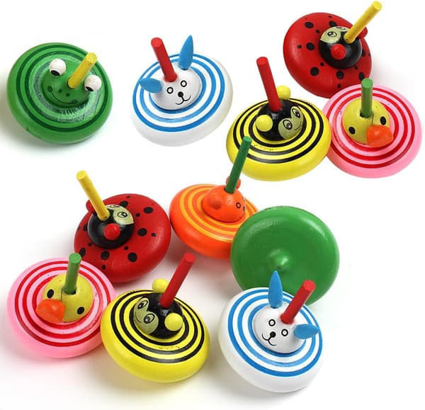10 st små träkändisar, Mini snurrande topp färgglada djur