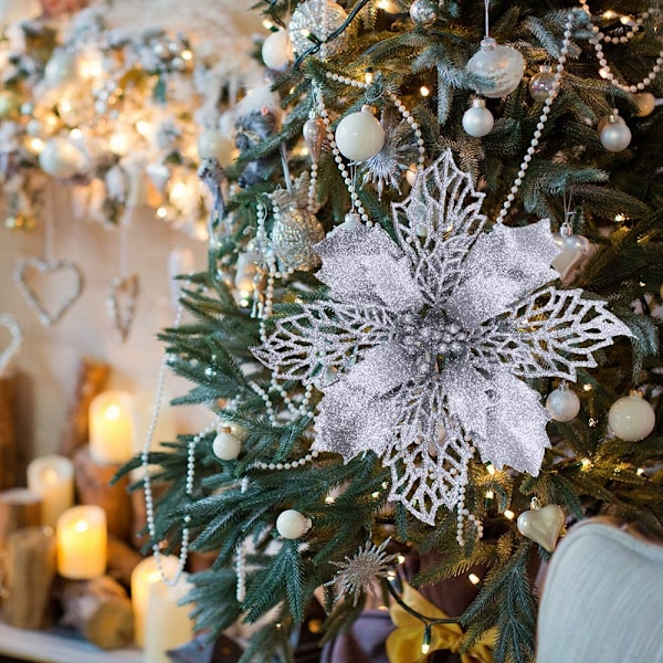 Glittrande Julgransdekorationer, Julstjärna Konstgjord Blomma Med Silverglitterpulver För Festlig Dekor