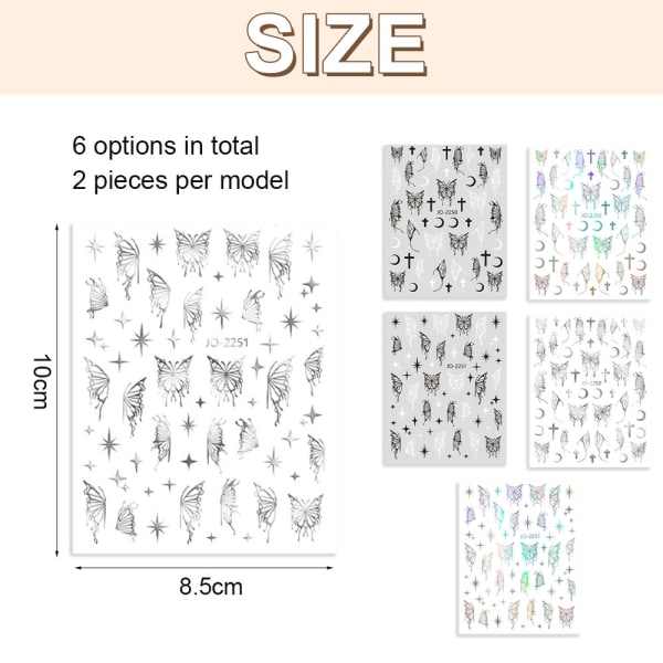 12 ark fjärilsnagelstickers, självhäftande nagelstickers för kvinnor och flickor DIY manikyrdekoration, 10*8,5 cm