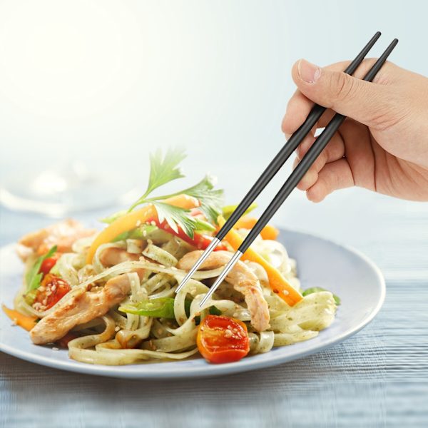 304 Rustfritt Stål Spisepinner Japanske Sushi Spisepinner Bestikksett (Sølv Svart)