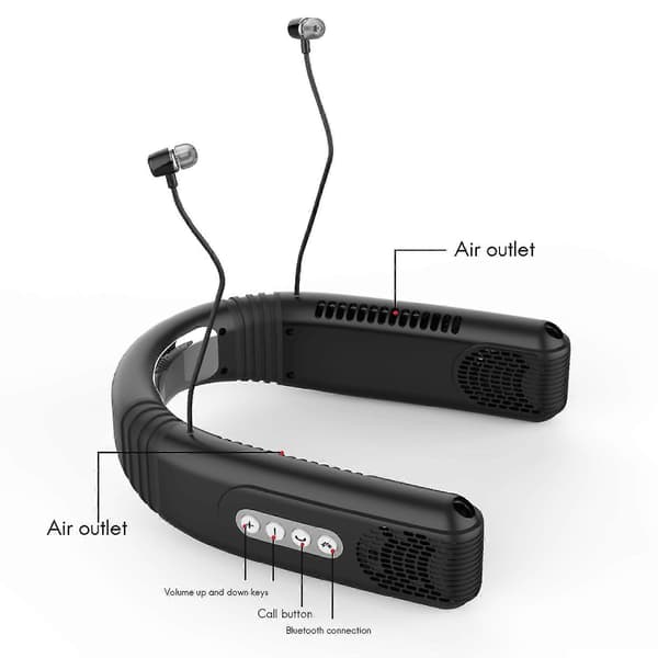 Viilentävä laiska langaton kaulatuuletin Bluetooth-kuulokkeilla, musta