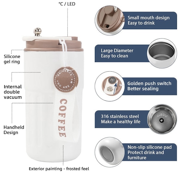 Rostfri Vakuumisolerad Resemugg för Kaffe, Läcksäker Design, Smart Termosmugg för Kaffe, Kompakt och Portabel Design, Vakuumisolering, Behåller