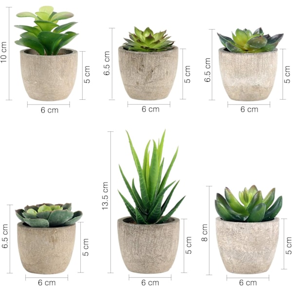 Dekorativ Fusk-Succulent, Konstgjord Kaktus i Grå Krukor för Hem- och Kontorsinredning, Set om 6 i Ljusa Naturliga Färger