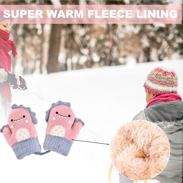 Barnvantar med snöre, tecknade, stickade, varma, ullfodrade snöhandskar för barn