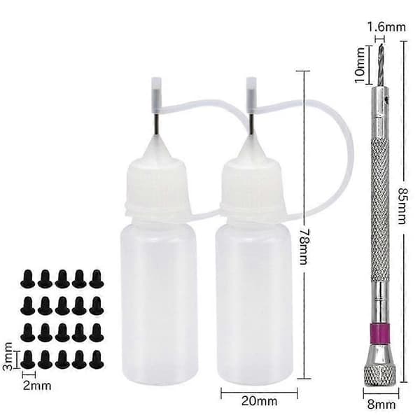 Manuellt 1,6 mm hålborrset med 20 gummiproppar och 2 oljeflaskor, borr i kolstål, transparent och silverfärgad