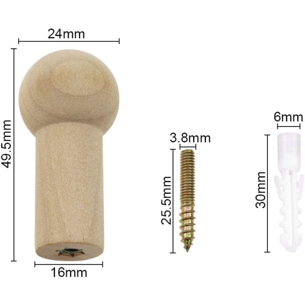 Trævægkroge Naturlig Bøg Væghængning med Skrue 2,5 x 5,2 cm