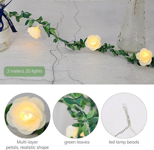 Rosegrønne bladlyslenker, 3M 20 LED varm hvit rottingblomster