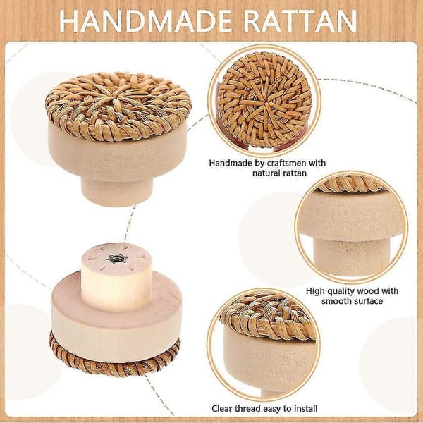Boho Rattan Kommode Knopper Runde Træskuffeknopper Håndlavet Fletvævet Og Skruer Til Møbler