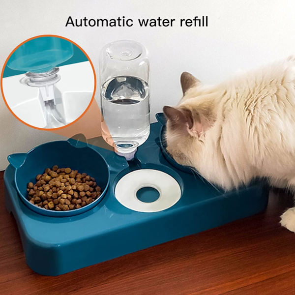 Katteskåler, Dyreskål, Dyreskål, Katteskål for Vann og Mat 3 i 1 Automatisk Vannutdeler Perfekt Tiltbar Beskyttende Hals for Katt og Hund (Blå)