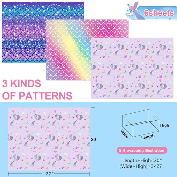 12 stycken sjöjungfru presentpapper - rosa*2+regnbåge*2+havsblå*2+lila*2