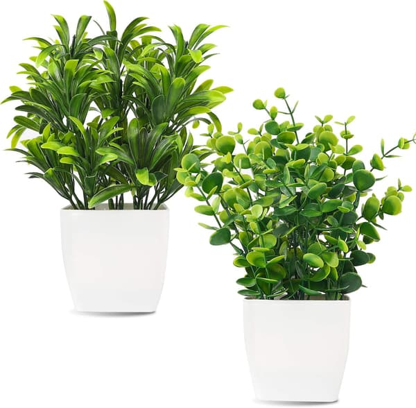Sæt med 2 små kunstige planter, kunstige potteplanter, mini