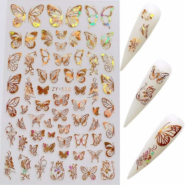 8 Ark Neglekunst Adhesive Dekalblad Diferente Laser Gull og Sølv Farge Butterfly Former Neglekunst Dekorasjon 10238