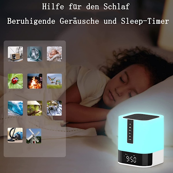 Trådlös högtalare med ljus, väckarklocka med snooze-funktion &amp; långvarigt uppladdningsbart batteri, 360-graders ljud, perfekt för sovrumsinredning