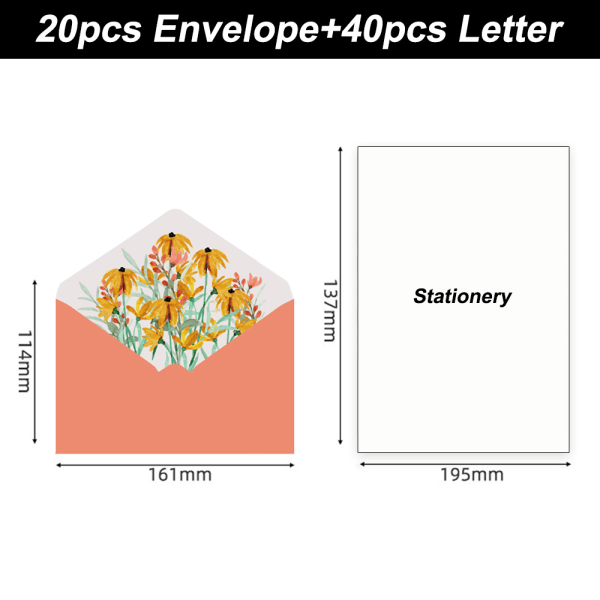 Brevpapper och kuvert set, blommönster 40 brevpapper och 20 kuvert för att skriva brev, födelsedagspresent