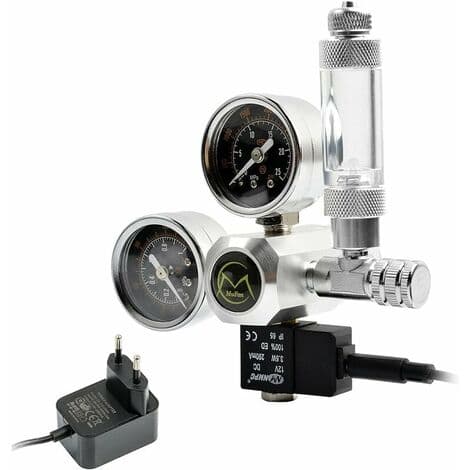 CO2-regulator til akvarium med 12V adapter, trykreducer til akvarium, dobbelt manometer inkluderer bobletæller og ventil