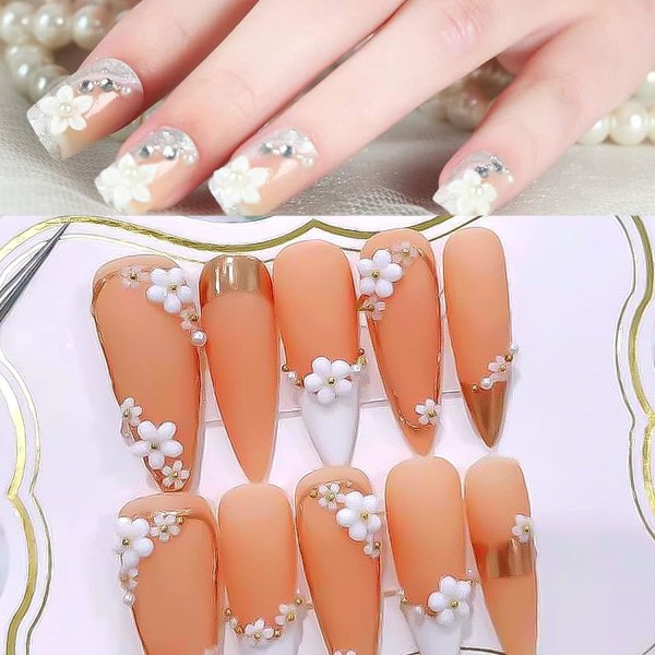 3D Floral Nail Art Charms Set Glitter Vita blommor Pearl Nail Art Gyllene kaviarpärlor Nageldekoration Akryl Nail Art Stud Nageltillbehör Verktyg