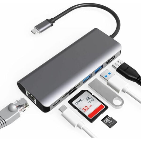 Hubb USB C MacBook Pro/Air, 7-i-1-adapter med 4K HDMI, 2 USB 3.0, SD/TF-kortläsare, USB C Multiport-hubb