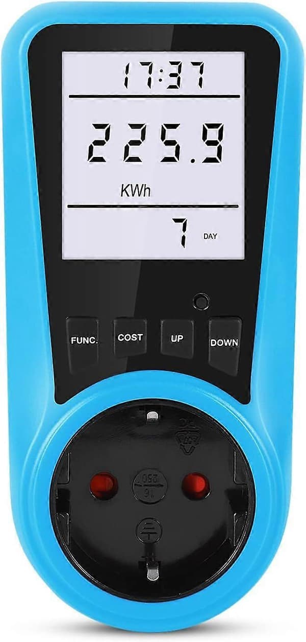 Stikkontakt energimåler, strømforbruksmåler wattmeter med LCD-bakgrunnsbelysning og 7 overvåkingsmoduser
