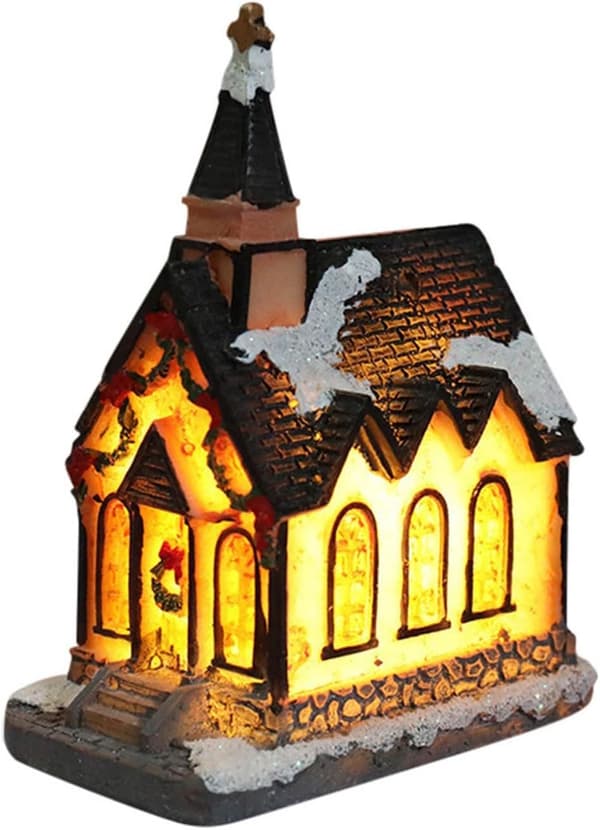 Jule-tema miniaturehus i harpiks, LED-natlampe hus i harpiks – B B