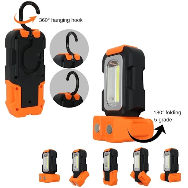 Portabel arbetslampa med dubbla LED-ljusstyrkor, vridbar krok med COB-teknik, vattentålig IP54, uppladdningsbart litiumjonbatteri för camping, fiske,