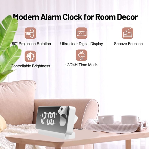Spegelprojektionsklocka LED stor skärmvisning tyst snooze
