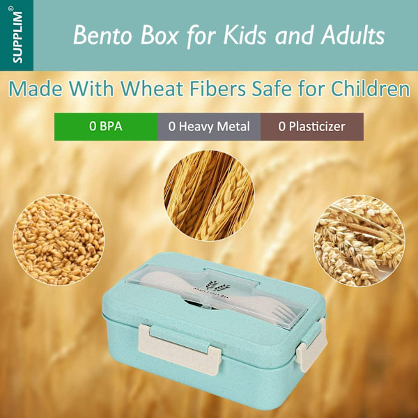 Bentoboks for barn og voksne - lunsjboks med 3 rom, hvetefiber
