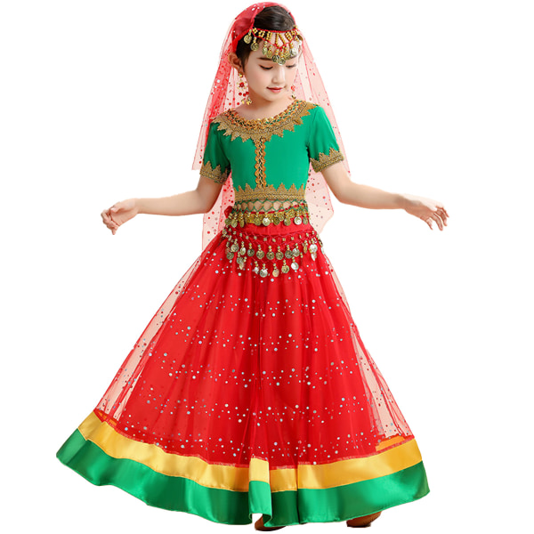 Fem-delad set prinsessklänning Barn Flickor Grön Röd Magdans