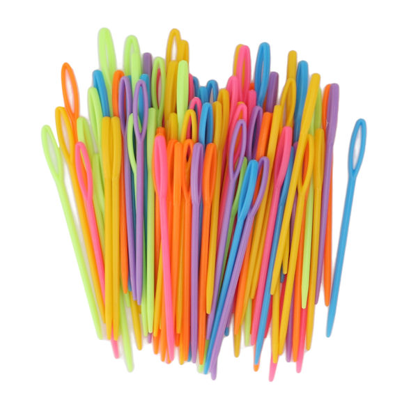 100 st stora plastnålar i ljusa färger, stora plastgarnnålar, stora plastsy-nålar för stickning