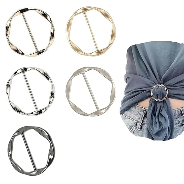 5 STS Sidenscarf Ringklämma T-shirt Knytklämmor för kvinnor Mode Metall Rund Cirkelklämma Spänne Kläder Ring Wrap Hållare