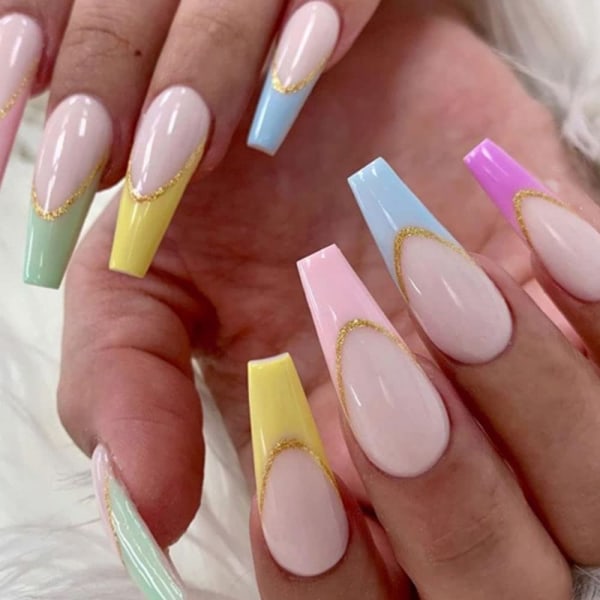 Franska långa falska naglar glänsande tryck på naglar Kista Akryl Ballerina lösnaglar för kvinnor och flickor