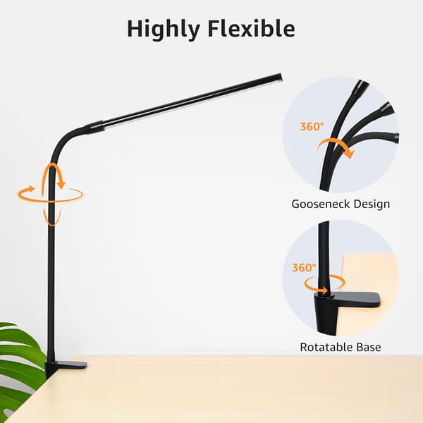 Sort 360° fleksibel LED skrivebordslampe med klemme, USB læselampe