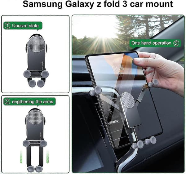 Gravity bilholder for mobil, kompatibel med Samsung Galaxy Z Fold 5/Z Fold 4/Z Fold 3, for luftventil Black