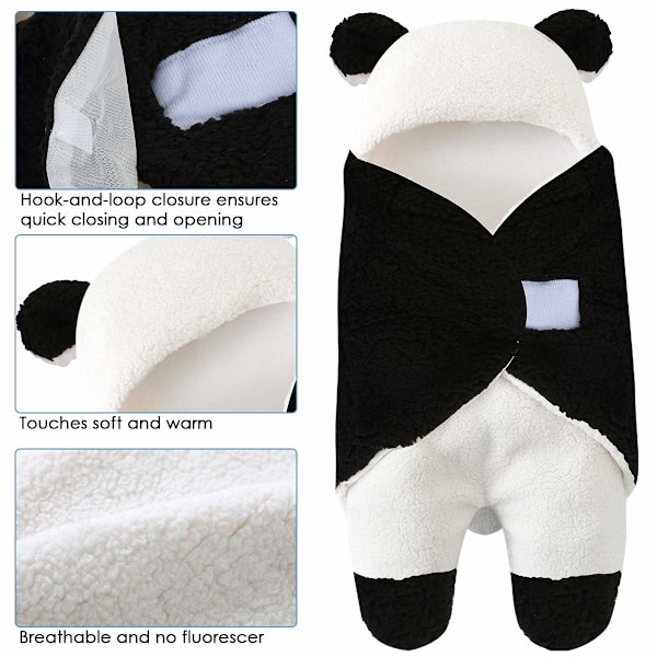Söt Panda Design Babyfilt, Andningsbar Inslagning för Nyfödda, Allergivänlig Kashmirblandning, Justerbar för 0-6 Månader, Multifunktionell i Svart