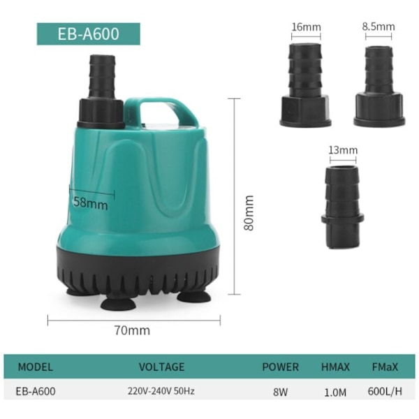 Akvarium Dränkbar Vattenpump, Nationell Standard, Minskad Energiförbrukning, Ultra-Tyst Hållbar, Kraftfull Justerbar, Tyst Drift, EB-A600