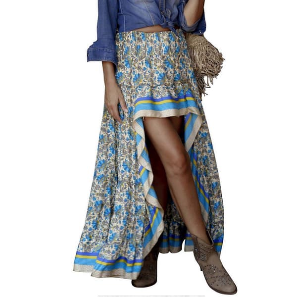 2 stk. Boho-trykte lange skjørt dame underdeler elastisk midje Gypsy etnisk dame skjørt blå, M størrelse & L