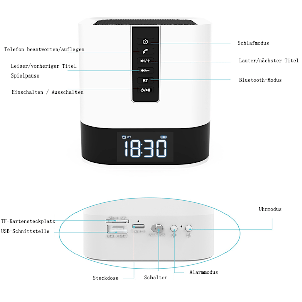 Trådlös högtalare med ljus, väckarklocka med snooze-funktion &amp; långvarigt uppladdningsbart batteri, 360-graders ljud, perfekt för sovrumsinredning
