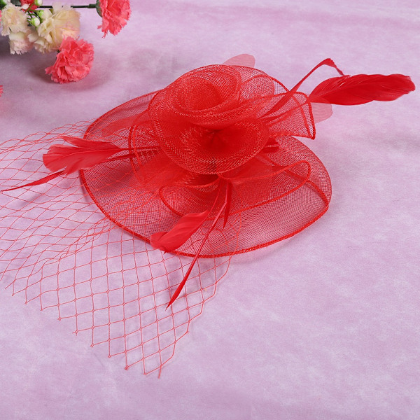Röd dam slöja hatt bröllop brud fågelbur fascinator fjäder hår accessoar