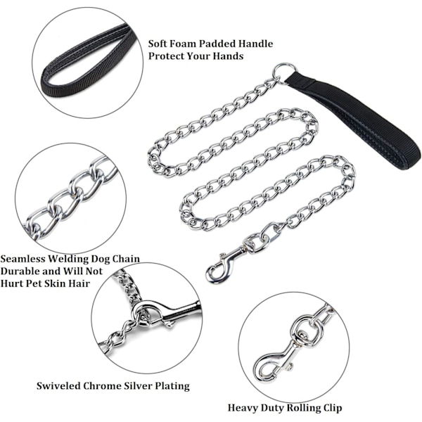 Solid Metall Hundefører 120cm med Polstret Håndtak Klassisk Leie Hundefører med Komfortabel Nylon Håndtak for Vandring Gåtur med Hunden