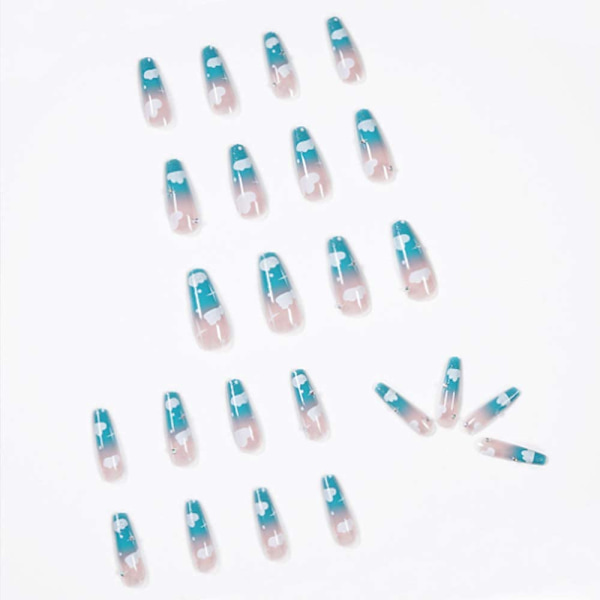 Trykte Negle Lange Gradient Kiste Falske Negle Blå Sky Falske Negle til Kvinder og Piger 24Pcs (Gorgeous1)